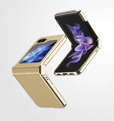 For Samsung Galaxy Z Flip 6 5 4 3 5G Luxury PU Leather Lychee Pattern Metal Frame Phone Case Plating Shockproof Protective Cover