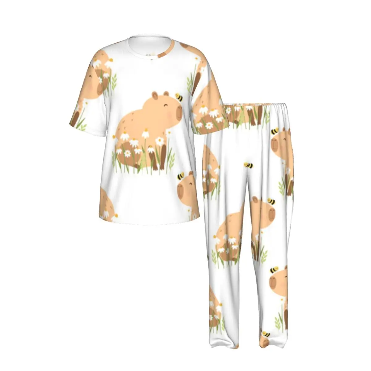 Men Pajamas Set Funny Smile Capybara With Flowers And Bee Short Sleeve Spring Summer Lounge Sleepwear Male Nightwear