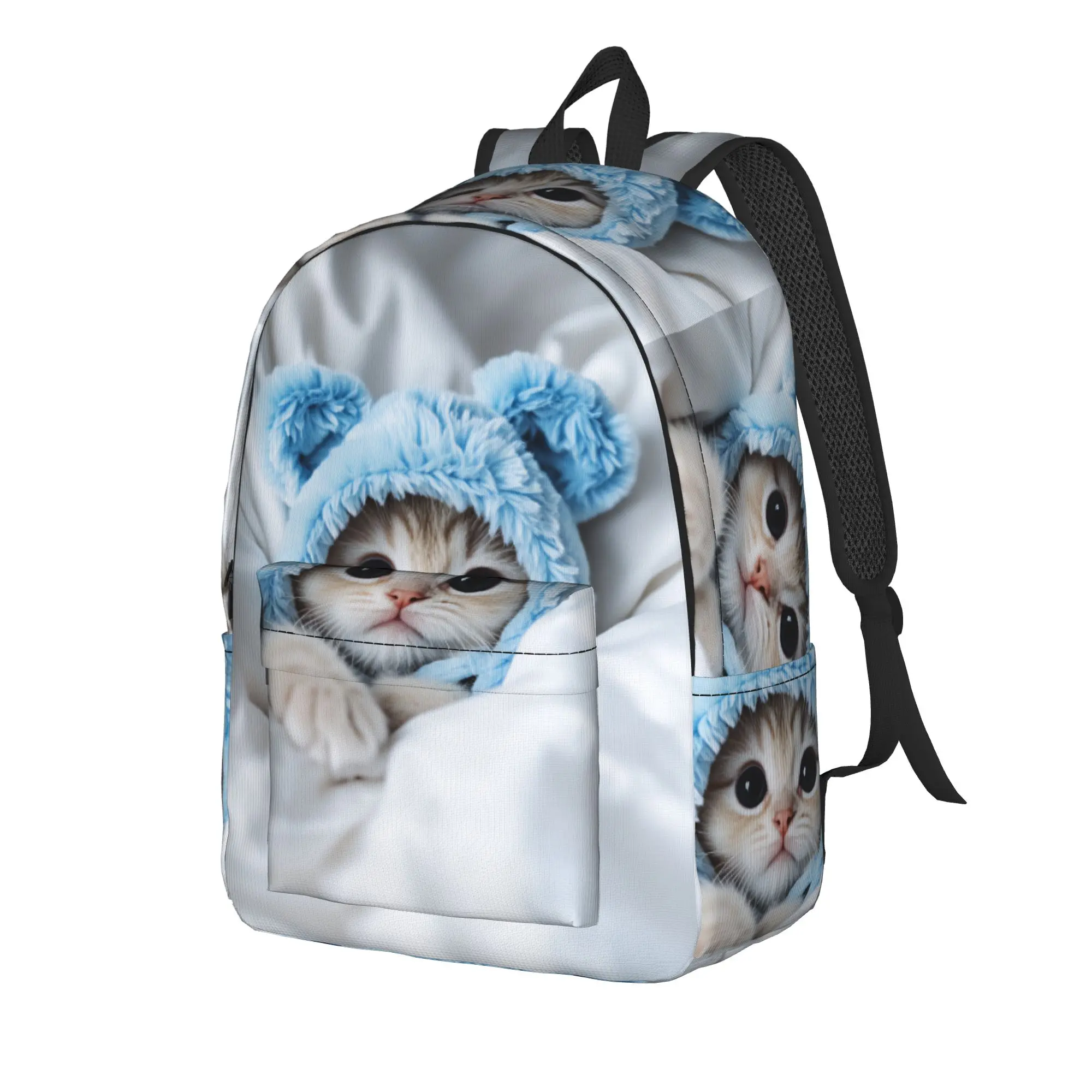 Cute Kitten in Hoodie Backpack  Boy Girl Polyester Outdoor Style Backpacks Pattern Novelty High School Bags Rucksack