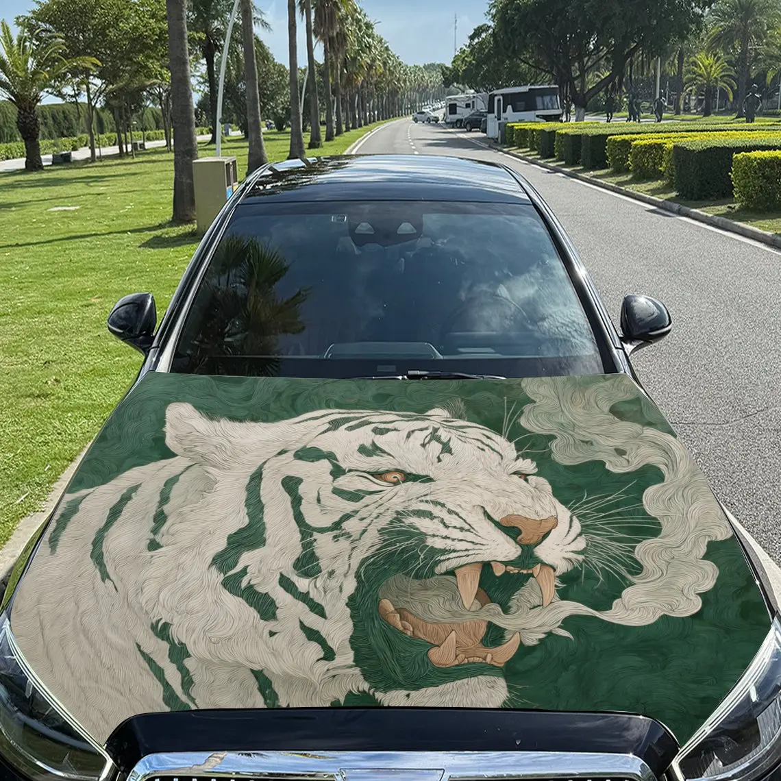Car Decals Tiger with a Distinctive, Artistic Style, Showcasing a Fierce Roaring Pose and Unique Color Matching Car Hood Sticker