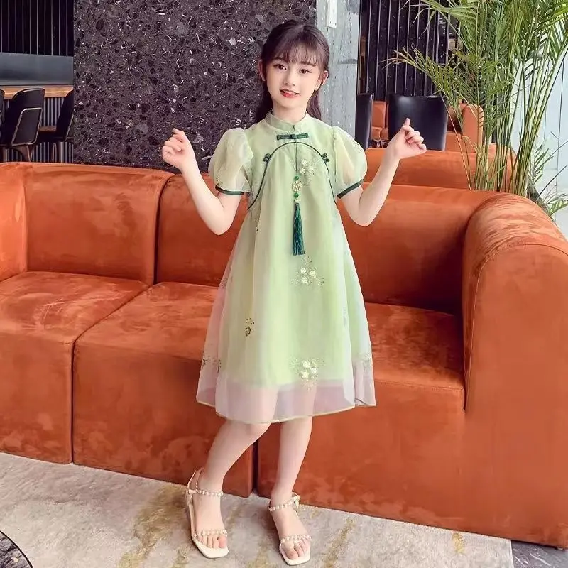 Kids Girls Summer Qipao Dress 2023 Short Sleeve Retro Princess Dress Baby Chinese Style Dress Hanfu Dress Little Girl Baby Dress