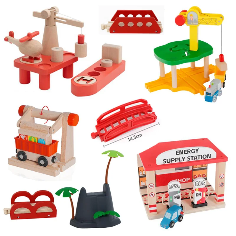 Wooden Train Tracks Accessories Wood Train Bridge Tower Crane Tunnel for Railroad Tracks fits for All Railway Tracks