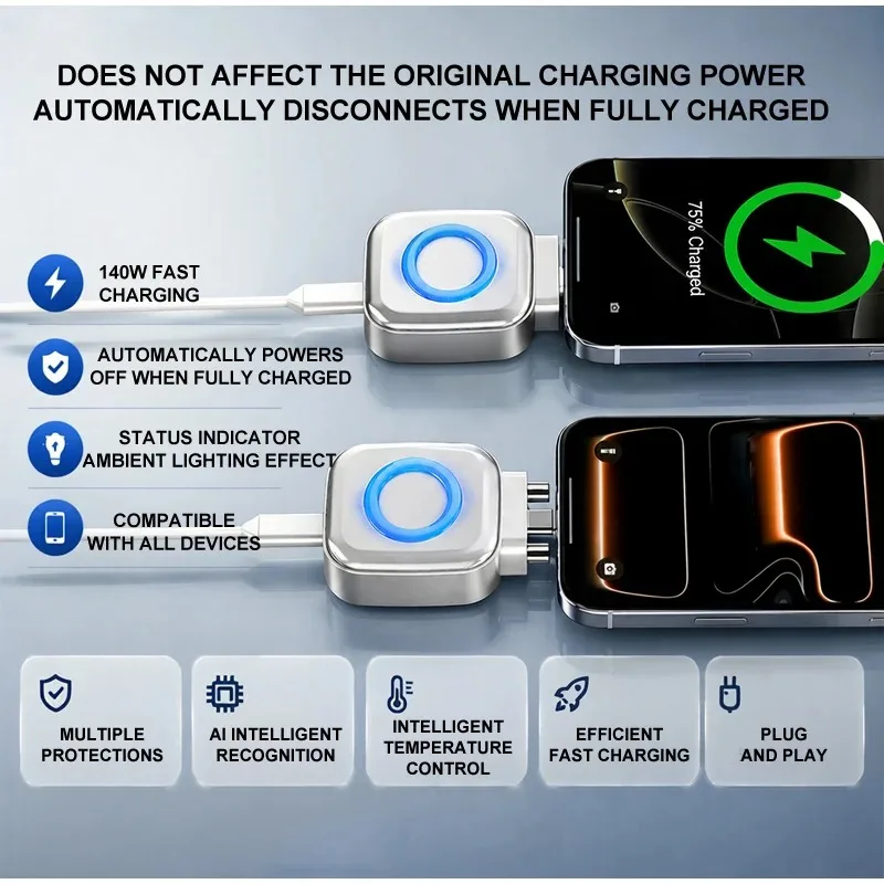 Auto Power Cutoff Charge Adapter 140W Type-C Fast Charge Safety Separator Automatically Cut Power Eject Phone When Fully Charged