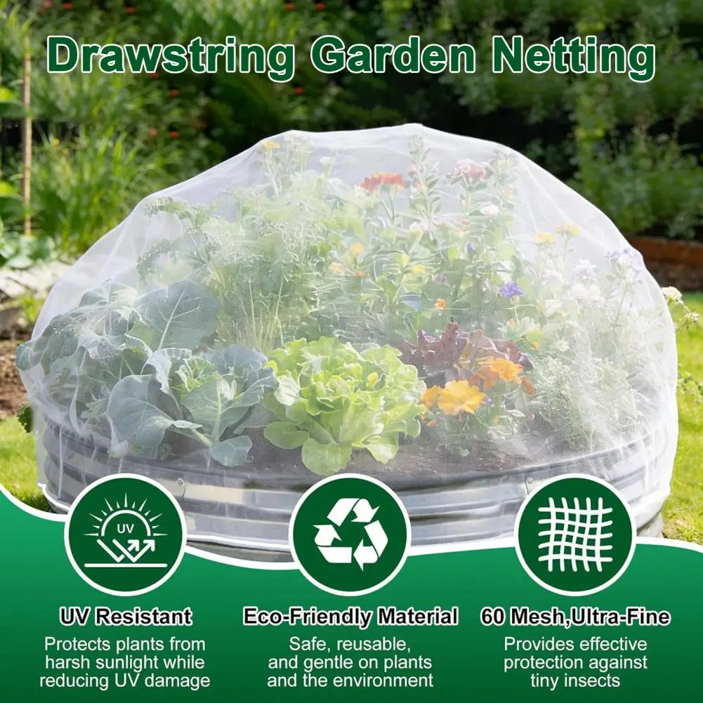 Adjustable Drawstring Garden Net Barrier Netting for 2 Ft Round Raised Beds Fine Mesh Garden Cover with Drawstring Bird Pest