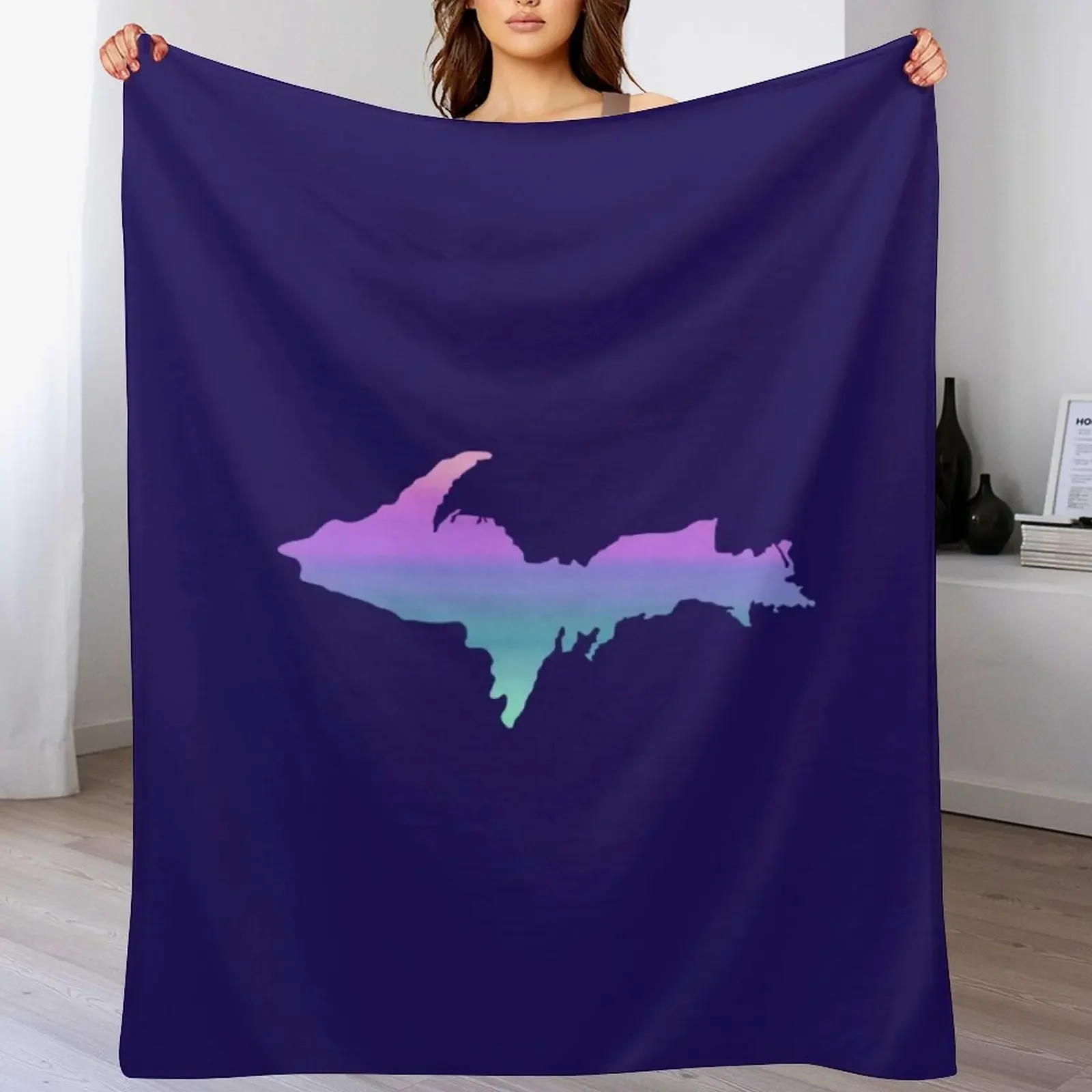 UP Upper Peninsula Blue Green Pink Purple Ombre Graphic Yooper 906 Throw Blanket Bed Soft Beds Decorative Throw Blankets