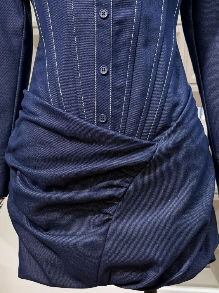 DFDG Abito da ufficio primavera estate 2025 da donna Denim Blu finto in due pezzi con vita disossata Abito camicia a tubino increspato Abito dal design artigianale