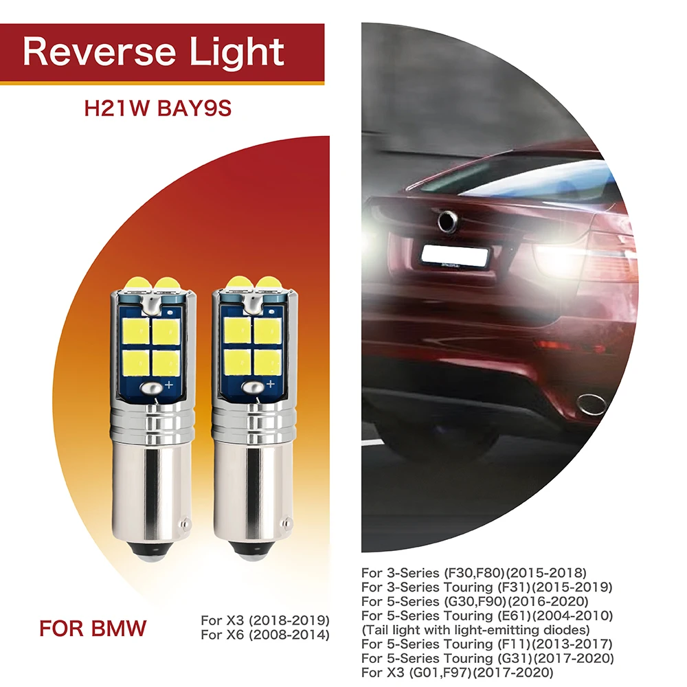 

2Pcs/Set SUNKIA Backup Lamp H21W BAY9S For BMW X6 E71 E72 2008-2014 For F30 F80 F31 G30 F90 E61 F11 G31 X3 G01 F97 64136 Canbus