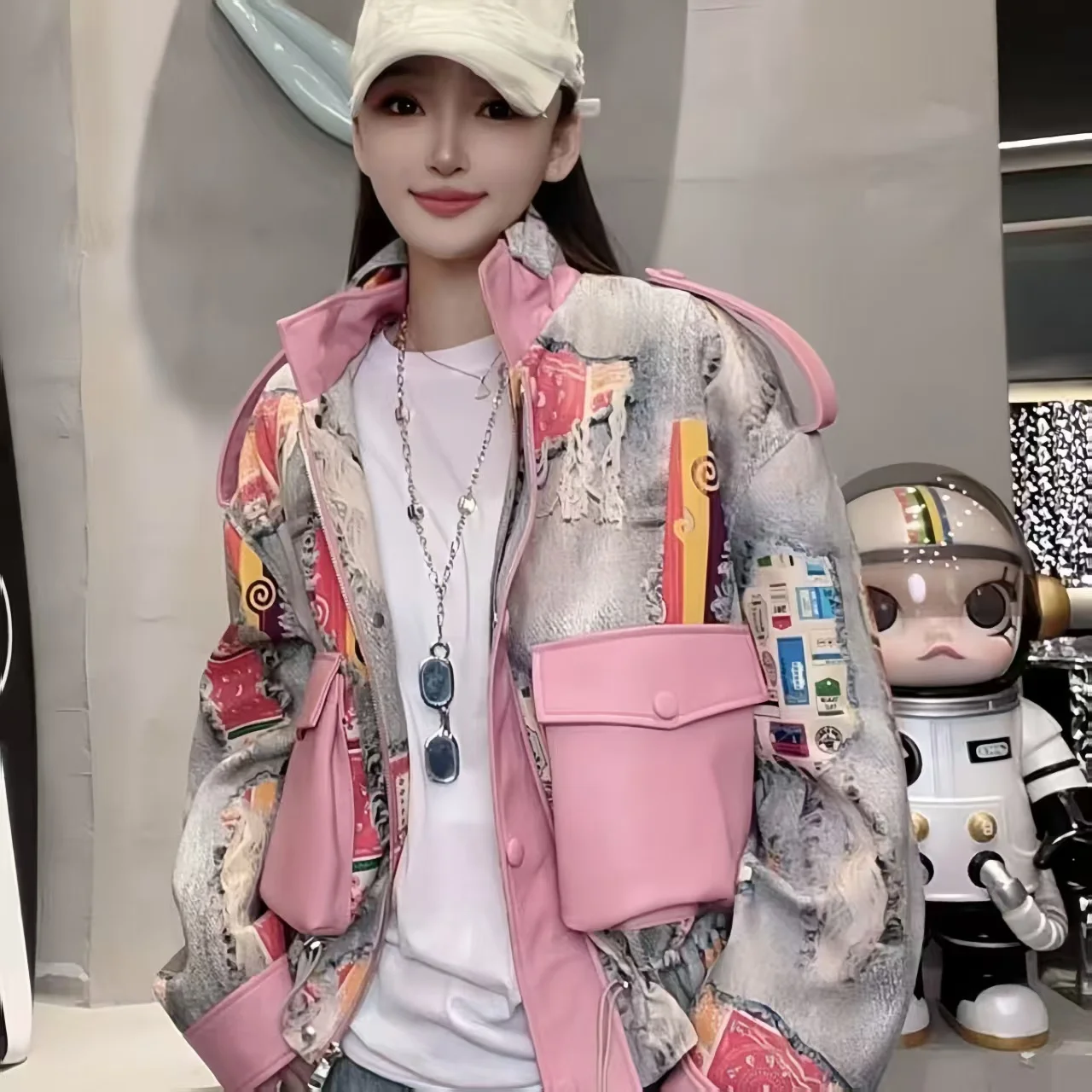 Women's Faux Leather Jacket,Stand Collar Outerwear,Adjustable Waist Tops,Print Doodle Coats,Female Clothing, Autumn,Winter,New