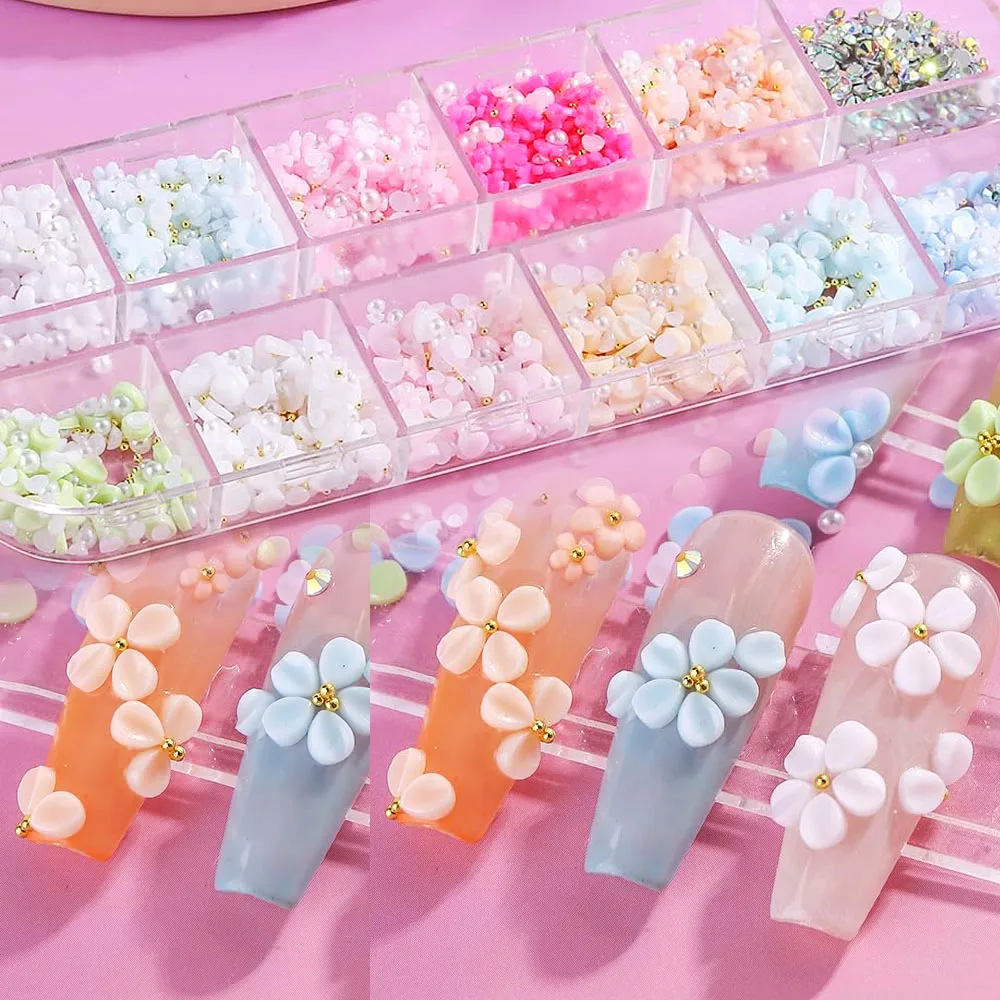 12 rejillas/caja de macarrón navideño mixto, pétalos acrílicos, decoración artística de uñas, florete de resina 3D + perla + cuentas + suministros de manicura de diamantes