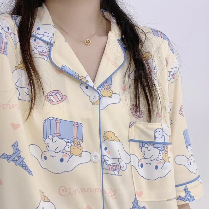 Sanrio Hello Kitty Cinnamoroll Pajamas New Summer T Shirt Shorts 2Pcs Homewear Kawaii Casual Polyester Soft Women Sleepwear Set