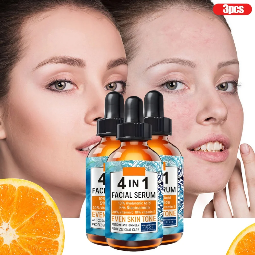 

3 Bottle 4-in-1 Facial Serum - Brightening & Hydrating Treatment with Hyaluronic Acid, Niacinamide, Vitamin C & E