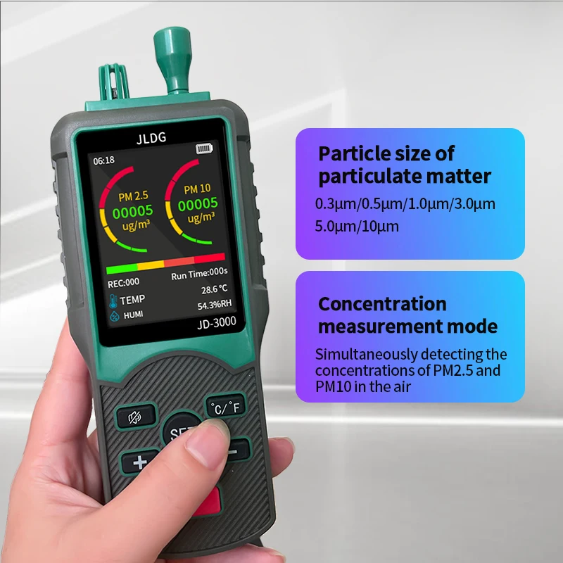 

JD-3000 Laser Dust Particle Counter Portable PM2.5/PM10 Tester 6-Size Analysis with Temp/Humi Display Data Recording