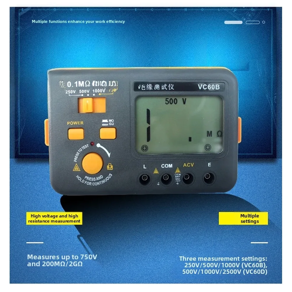 

Портативный цифровой мегомметр VC60B для измерения электрической изоляции с ЖК-дисплеем с подсветкой и функцией сохранения данных
