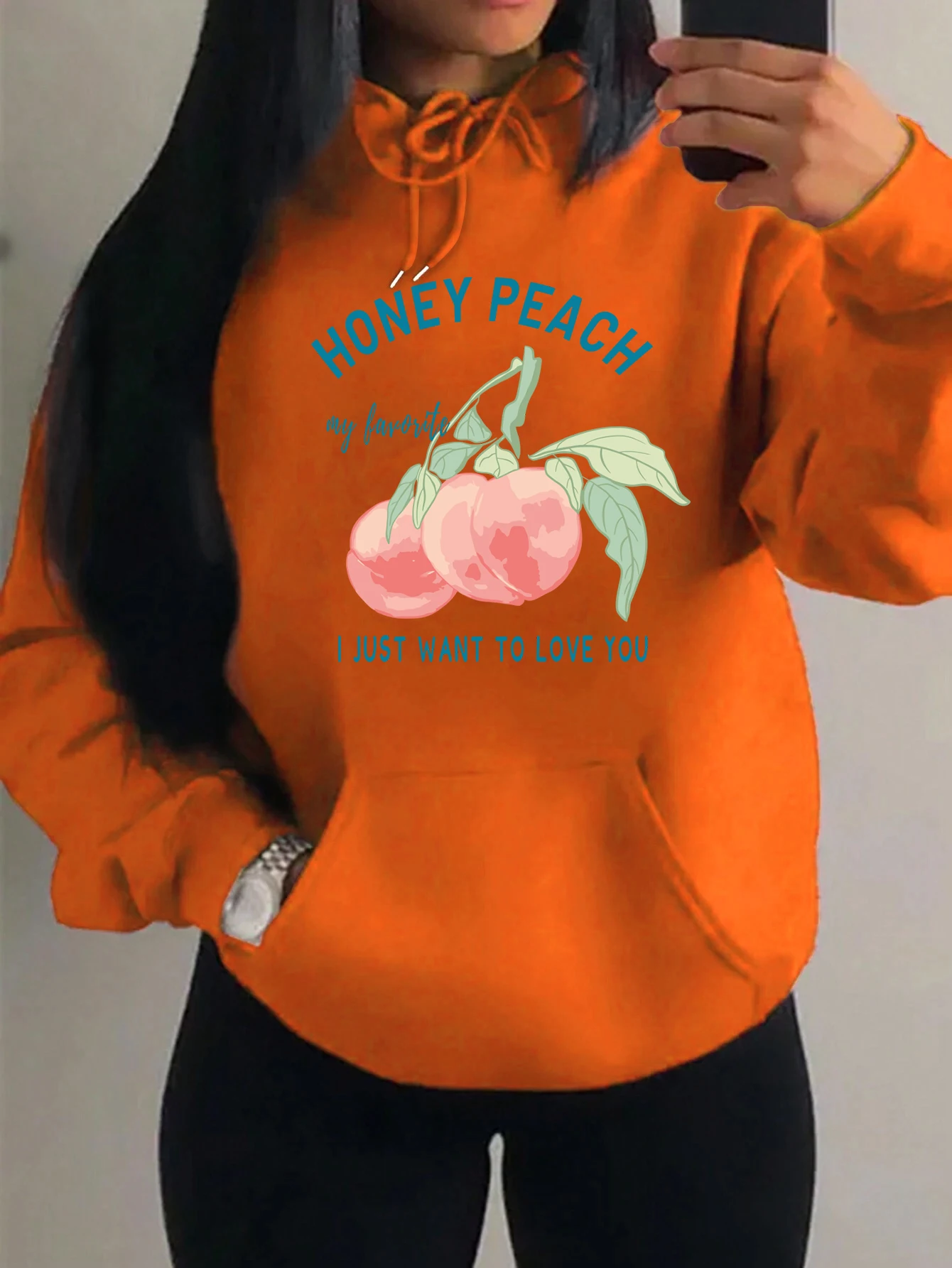 

Honey Peach I Just Want To Love You Illustration Print Hoody Women Hip Hop Soft Hoodies Fashion Loose Clothes Vintage Pocket Top