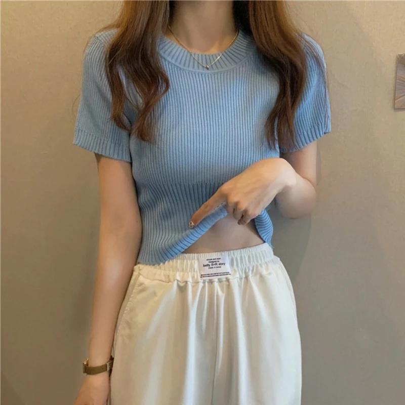 Spring Summer Short Sleeve Crop Tops Knitted T-Shirt Women Pullover Shirts Tops Female Elastic Slim Casual Knit Tee T-Shirts