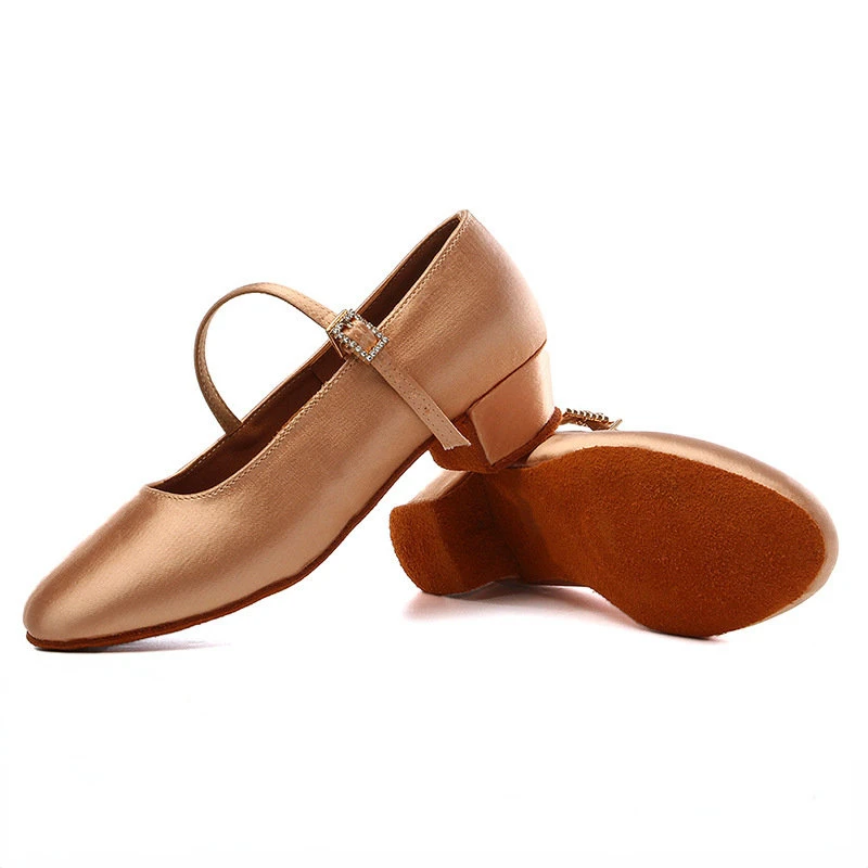 Chaussures de danse Standard en Satin pour femmes, de haute qualité, à talons bas, de couleur bronzée, pour salle de bal, pour enfants