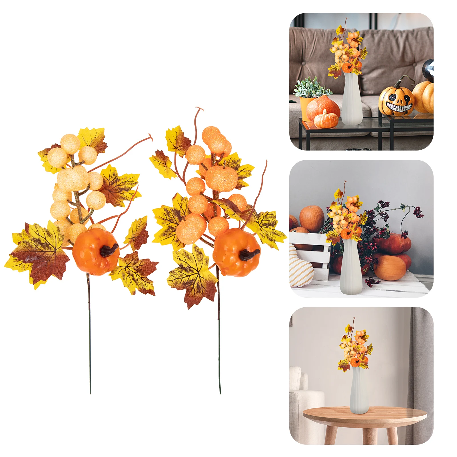 

2pcs Premium Pumpkin Plant Adorn Thanksgiving Decor Faux Fall Flowers Autumn Maple Leaf Branches Household Pumpkin Branch Decor