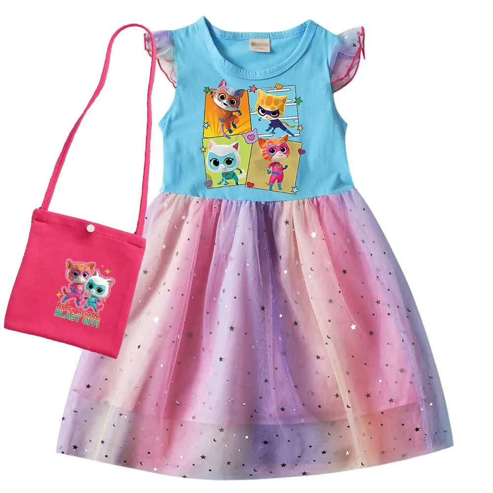 Kinder Super kitties Kostüm Kinder Cosplay Super Kitties Kleidung für Mädchen fliegende Ärmel A-Linie Kleid mit Tasche und Stirnband