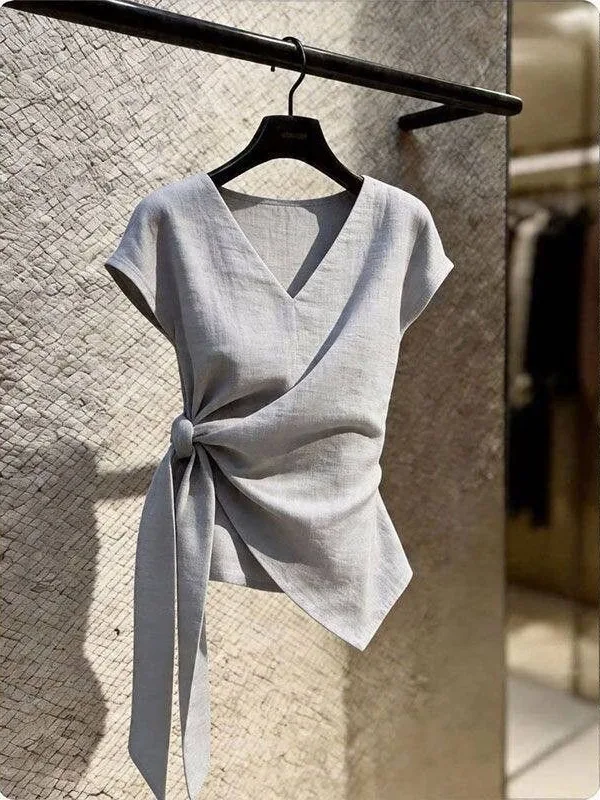 Slimming V-Neck Short Sleeve Shirt Women's Fashion Design Knot Waistband Asymmetrical French Style Top Summer New Arrival