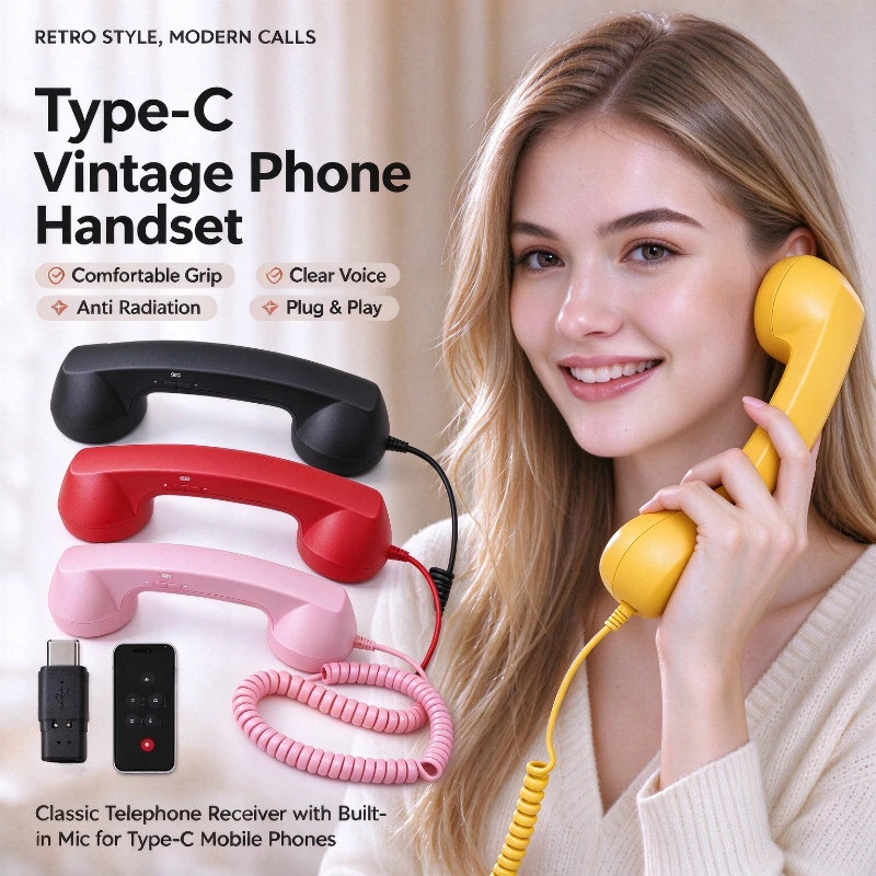 Retro Phone Handset Type-C Wired Anti Radiation Telephone Receiver Plug & Play Clear Calls Mic for Android Smartphones