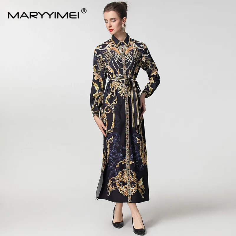 MARYYIMEI Autumn and winter Women\'s Dress Turn-Down Collar Single-Breasted Lace-Up Vintage Elegant Print Long-Sleeved Dresses