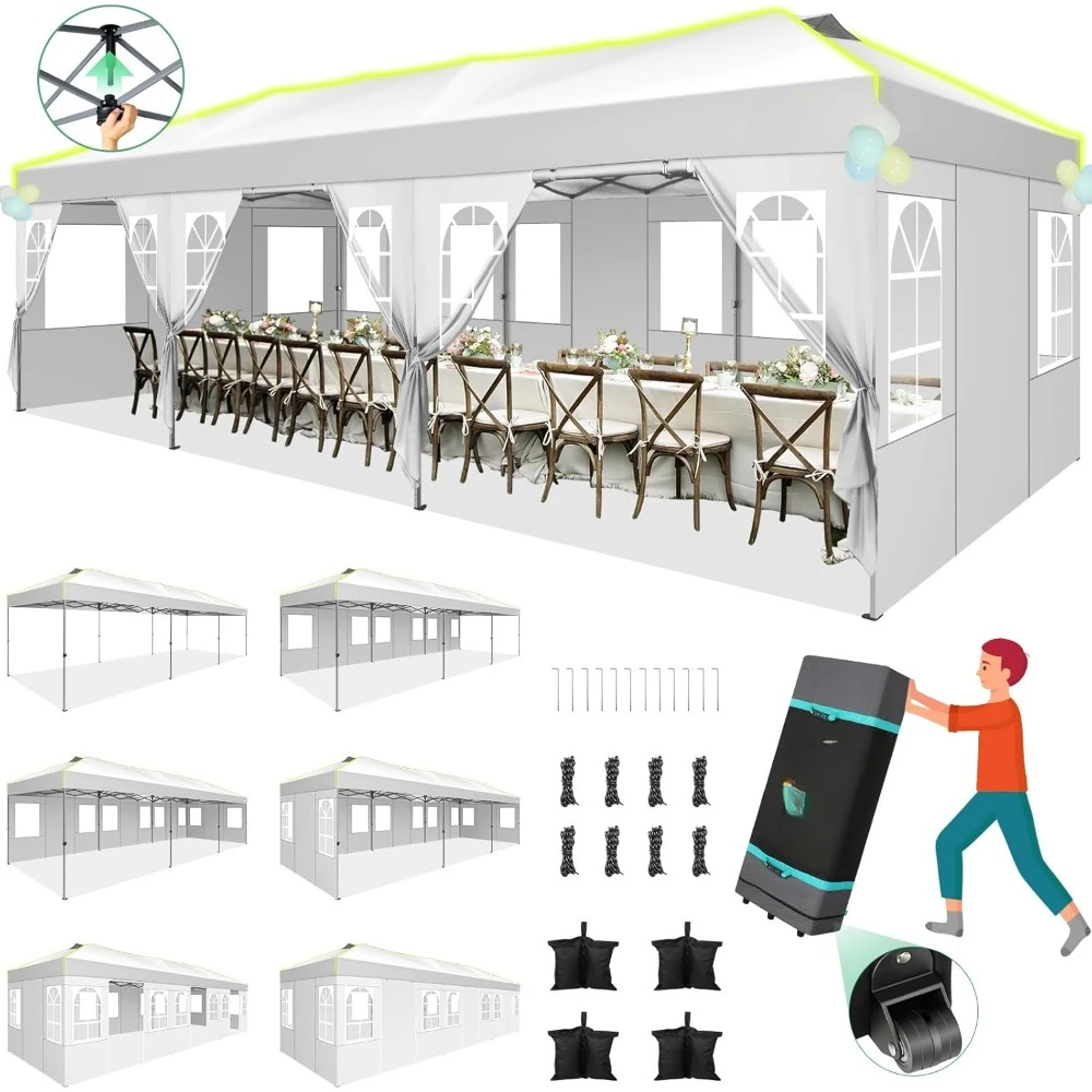 

10x30 Pop Up Canopy One Push Party Tent with Air Vent Waterproof Commercial Outdoor Patio Gazebo with 8 Removable Sidewal