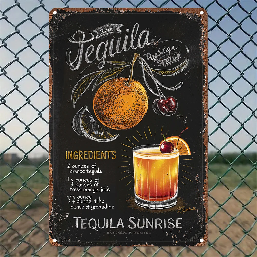 2D Flat, [2D Flat]A Single Vintage Metal Sign Featuring Tequila Sunrise Cocktail Recipe, Measuring 8.0X12.0 Inch, Decorating You