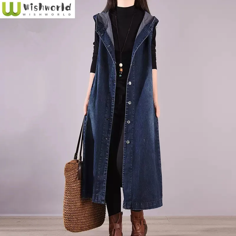 Spring and Autumn New Korean Edition Loose and Long Denim Sleeveless Hooded Tank Top Fashion Age Reducing Women's Top