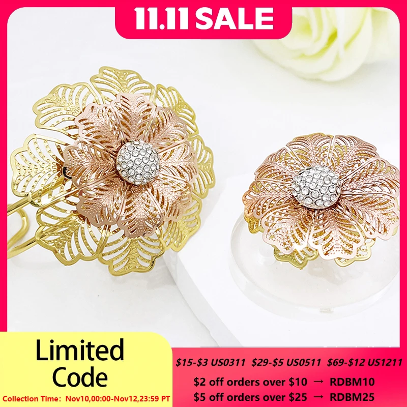 

Rose Gold Color Bangle With Ring Set For Women Italy 18K Gold Plated Copper Jewelry Wedding Party Accessories