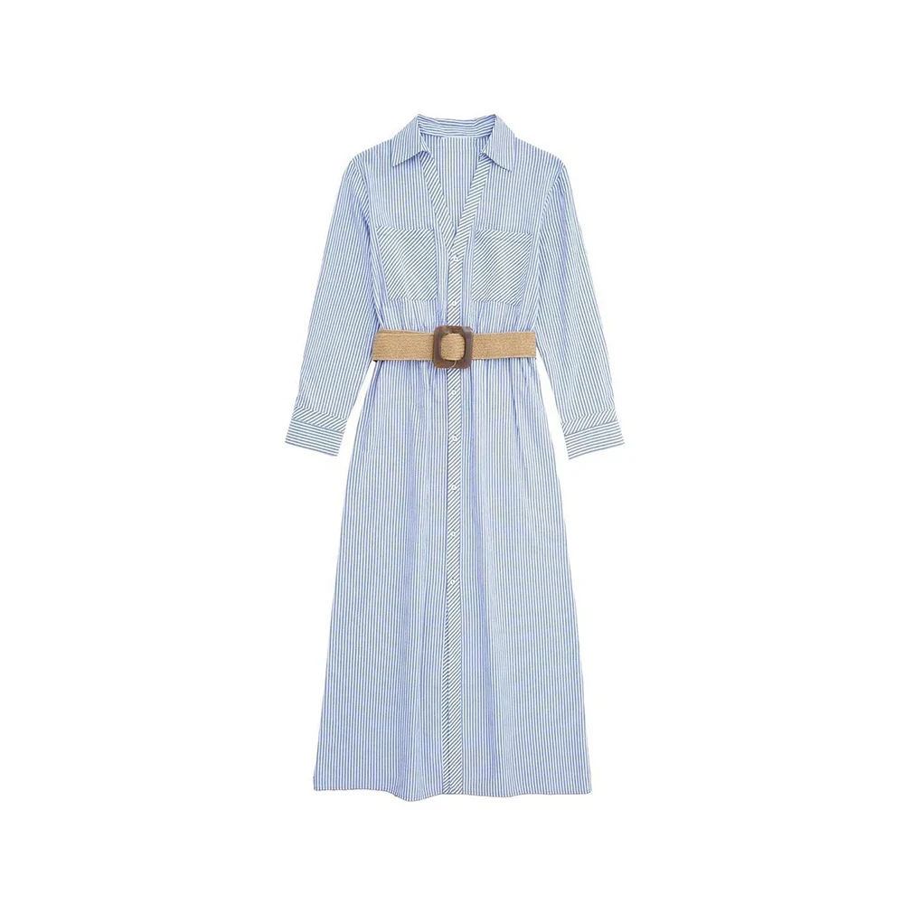 Las mujeres con cinturón de un solo pecho de manga larga vestido de camisa de rayas azules de la solapa de la calle elegante Commuter largo verano Resort vestidos de moda