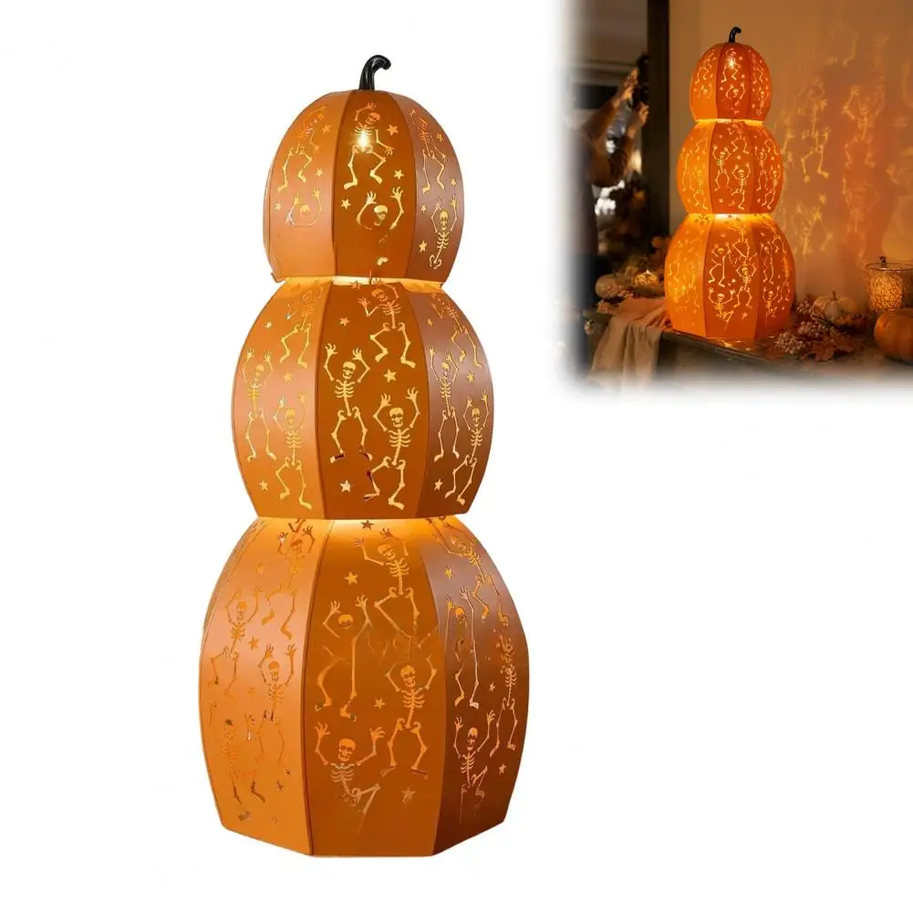 Lighted Stacked Metal Pumpkin Lantern 3-Tier Pumpkin Warm Glowing LED Light Ornament for Halloween Mantel Garden Party