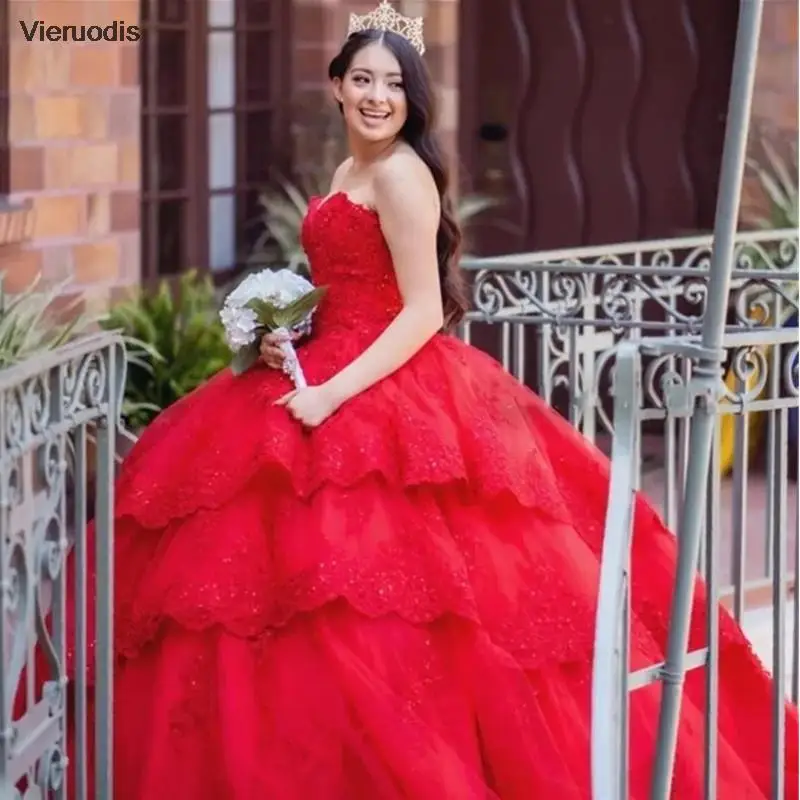 Rouge scintillant Quinceanera robes de bal 2021 épaules dénudées dentelle appliques paillettes robe de bal Tulle fête douce 16 robe Quincea?era