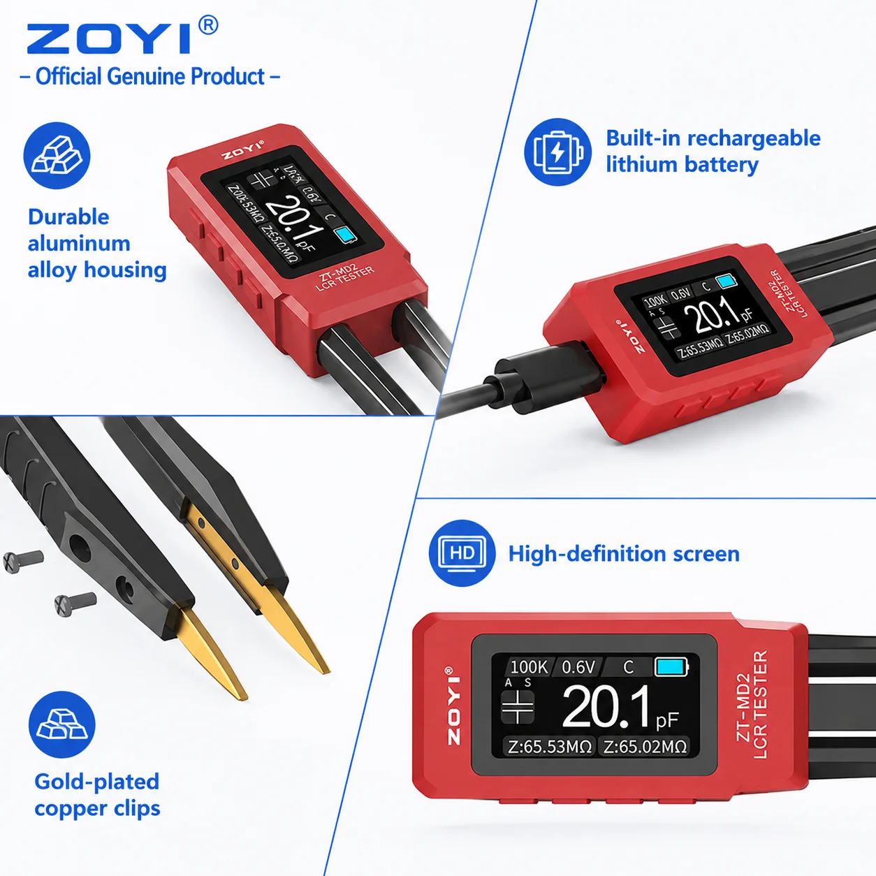 ZOYI MD2 Smart 2-in-1 Tweezers LCR/ESR Tester 4-Wire Kelvin Clip 100kHz High Precision for SMD R C L ESR Measurement view 2
