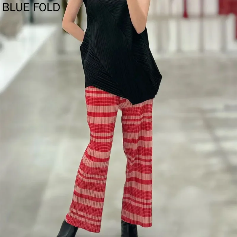 سراويل مياكي عالية الخصر بطيات على شكل حلقة بصل مستقيمة متعددة الاستخدامات ذات ألوان متباينة ملابس عمل عصرية