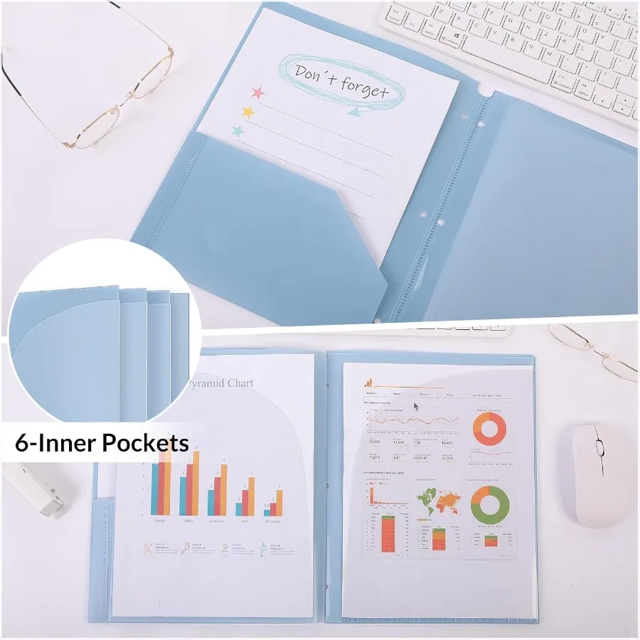 Plastic Pot Folders 2 Pots and 3 Dividers Letter Size Fits 3Ring Binders School Folders for Students and Office Use Black and H