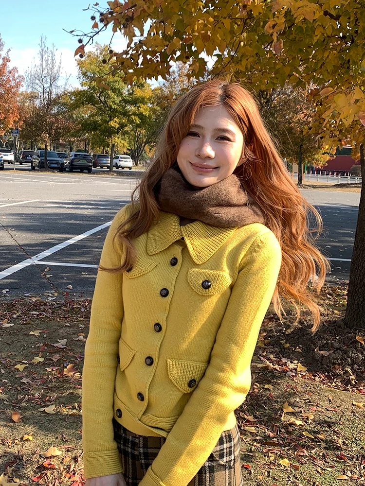 

Mischief of Cookie Women's Soft Cozy Yellow Knitted Sweater Jacket Lazy Style Long Sleeve Woolen Open Cardigan Luxury Fashion