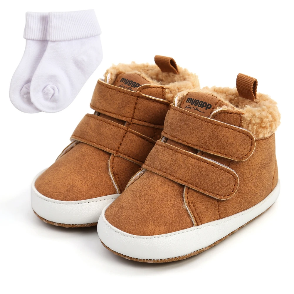 Baywell Baby Boys Girls High-Top Sneakers + Socks Toddler Soft Anti-Slip PU Warm Shoes Set Newborn Crib First Walker 0-18 Months