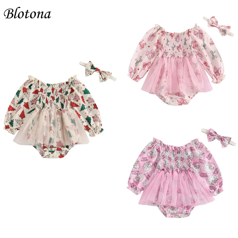 

Blotona Baby Girls Christmas Romper Dress Mesh Long Sleeve Smocked Jumpsuits Bow Headband Outfits, 0-18M