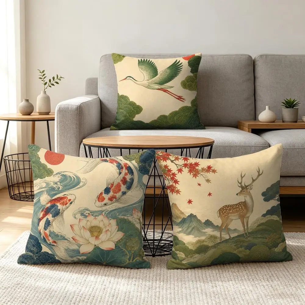 Japanese Crane Art Cushion Cover Soft Short Plush Pillow Cover Smooth Cozy Texture Aesthetic Cushion Case Home Decor