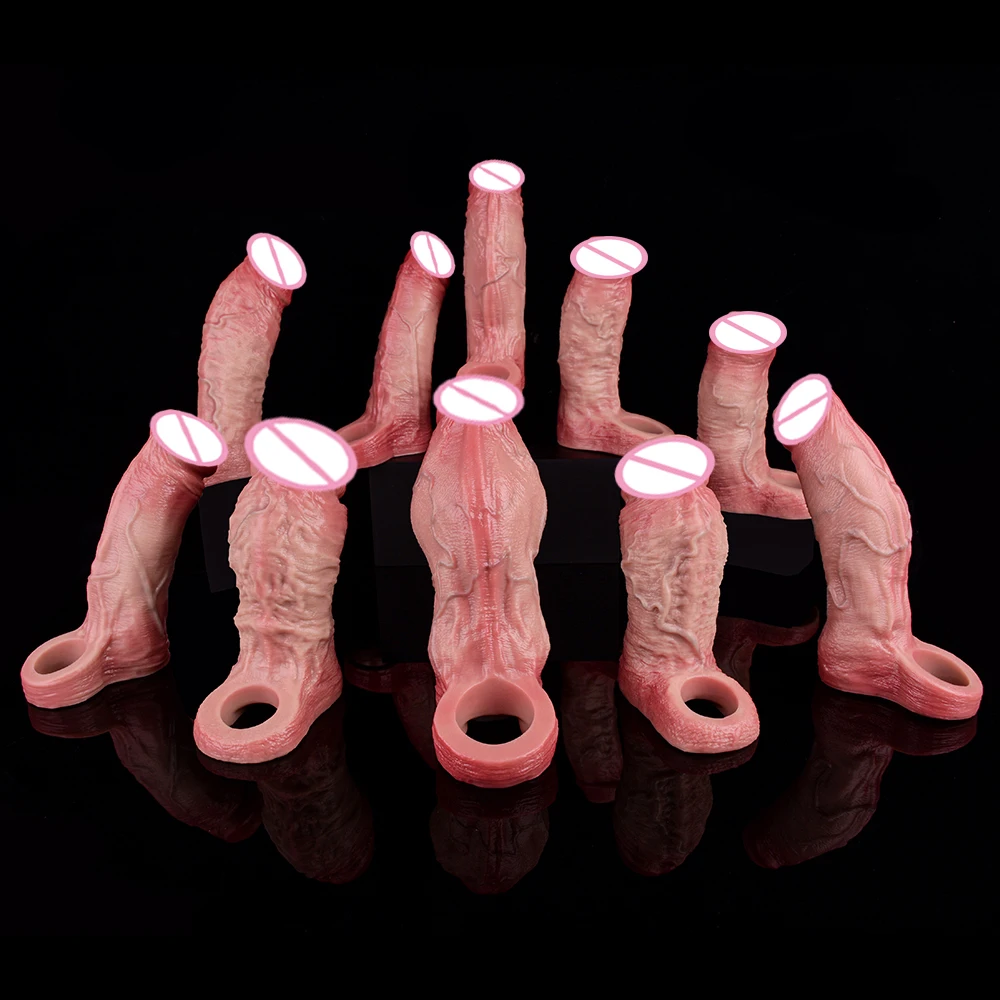 FAAK Black Nude Silicone Open-ended Penis Sleeve Realistic Hollow Dildos Size S M L XL Sex Toy For Men Cock Enlargement