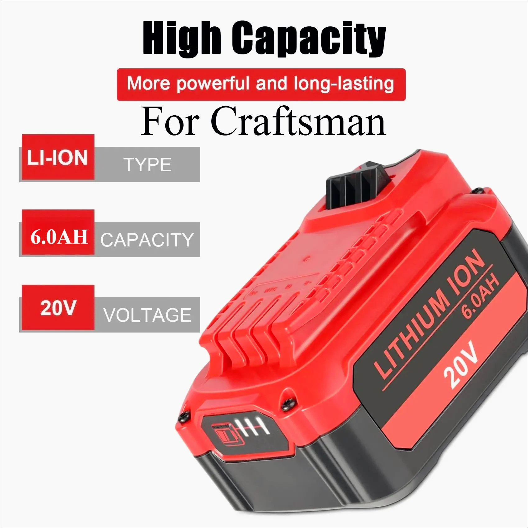 

6Ah For Craftsman V20 Battery Pack Lithium Ion Compatible for Craftsman CMCB202 CMCB204 CMCB205 CMCB206 CMCB209 18650.00