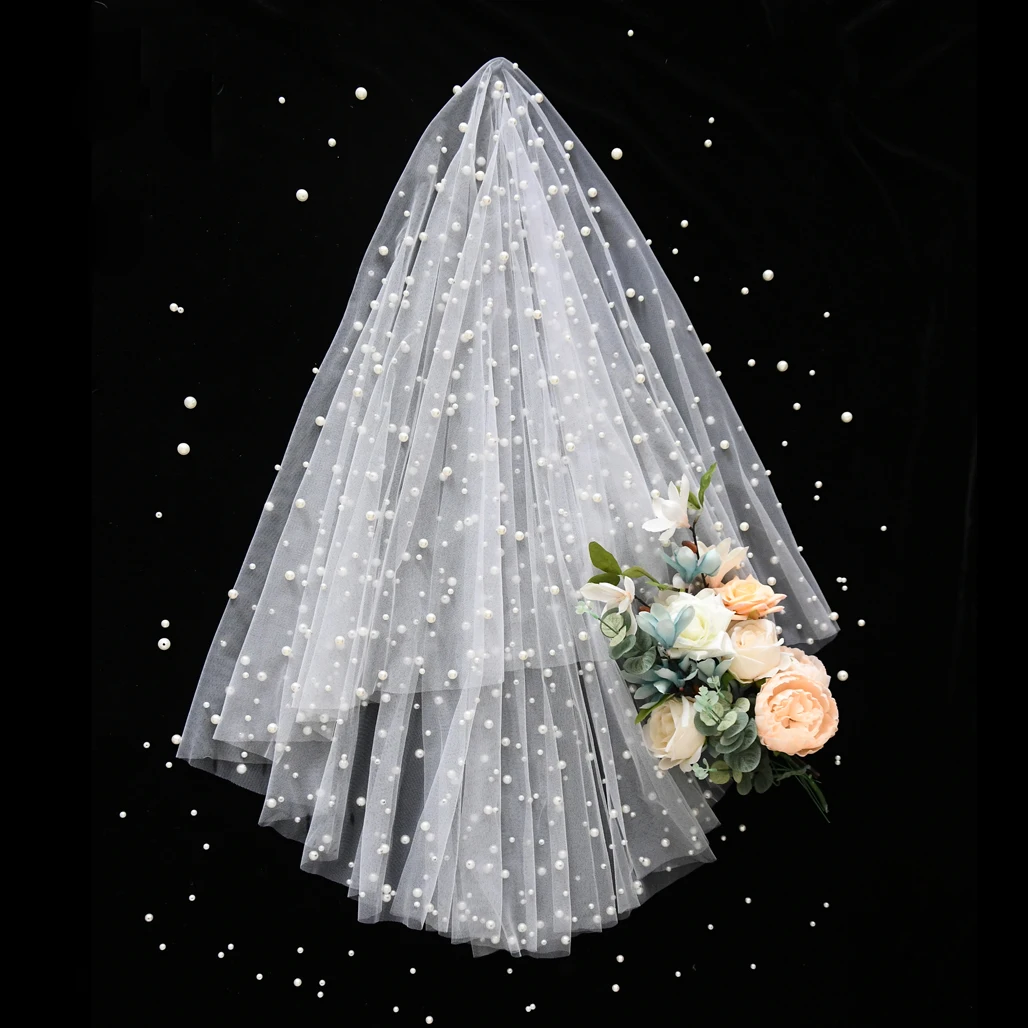 Veil For Face Wedding Blusher Veil Pearl Beaded Ivory White Off Color White Soft Tulle Bridal Head Accessories Single Tier