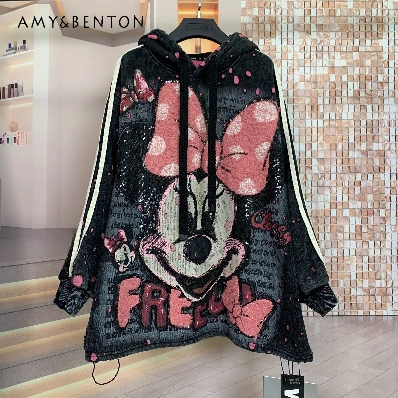 

Trendy Brand Winter Fleece Heavy Industry Ripped Cartoon Youthful Long-sleeve Sweatshirt Fashion Loose Hooded Hoodies Top Women