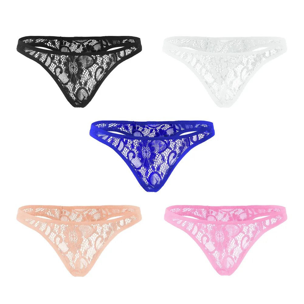 5pcs/Set Plus Size S-4XL Mens Sexy Underwear Low Rise Lace Bikini Briefs See-through T-Back Underpants Male Gay Sissy Panties