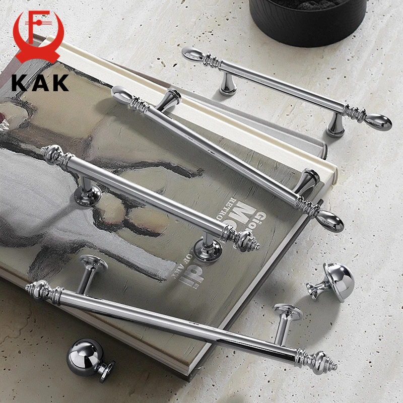 KAK Bright Chrome Kitchen Cabinet Handle Brass Cupboard Door Pulls Silver Dresser Drawer Knobs Furniture Handle Door Hardware