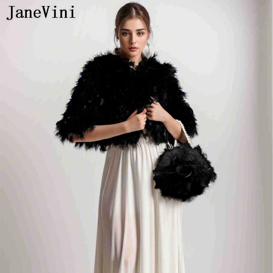 

JaneVini Fashion Black Ostrich Feathers Women Jacket Coat with Half Sleeves Short Real Fur Bridal Cape Wrap Wedding Bolero Shrug