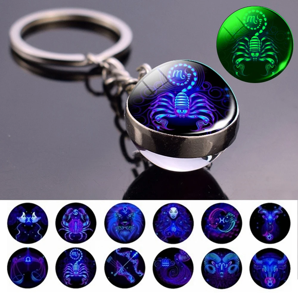 Fashion Leo For Men Double Side Scorpio Luminous Key Rings Glass Ball Keychain 12 Constellation Zodiac Keychain