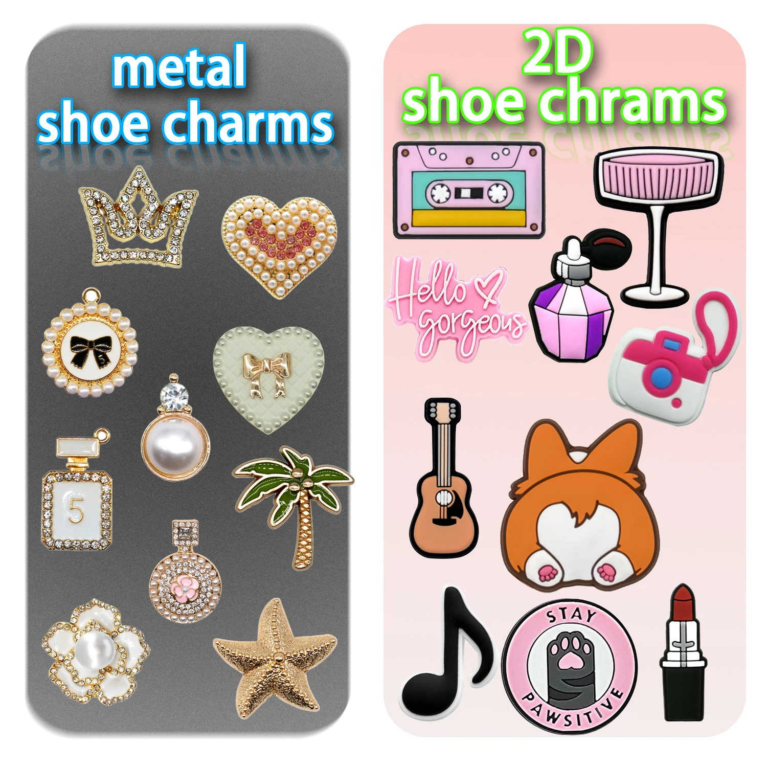 10 Stück Bling + 10 Stück 2D Parfüm-Kronen-Herz Metall-Schuh-Charms Lippenstift Kamera Schuh-Dekorationszubehör Clog für Kinder Geschenk – Detail 1