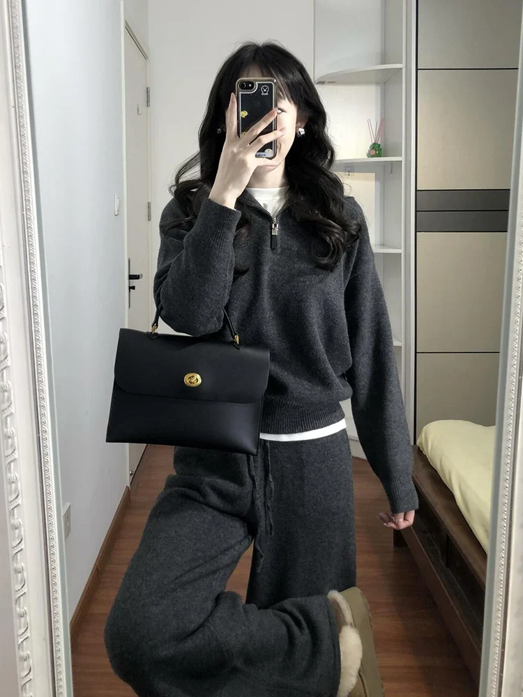 

Gray Knitted Sweatshirt Set Women's High Waist Wide Leg Pants Two Piece Casual Autumn Winter Fashion Ensemble Long Sleeve Pol...