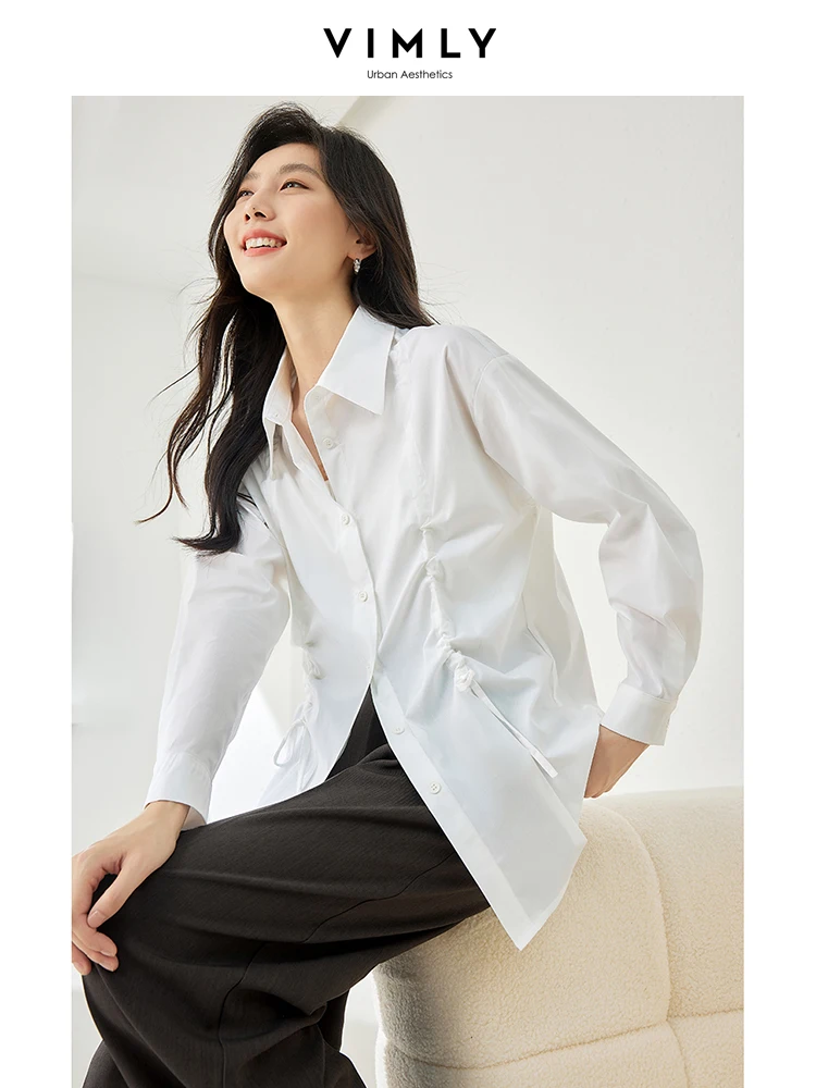 Vimly Cotton White Shirt Women\'s Long Sleeve Top 2024 Spring Fall Solid Casual Loose Lapel Shirts & Blouses Female Clothes M3208